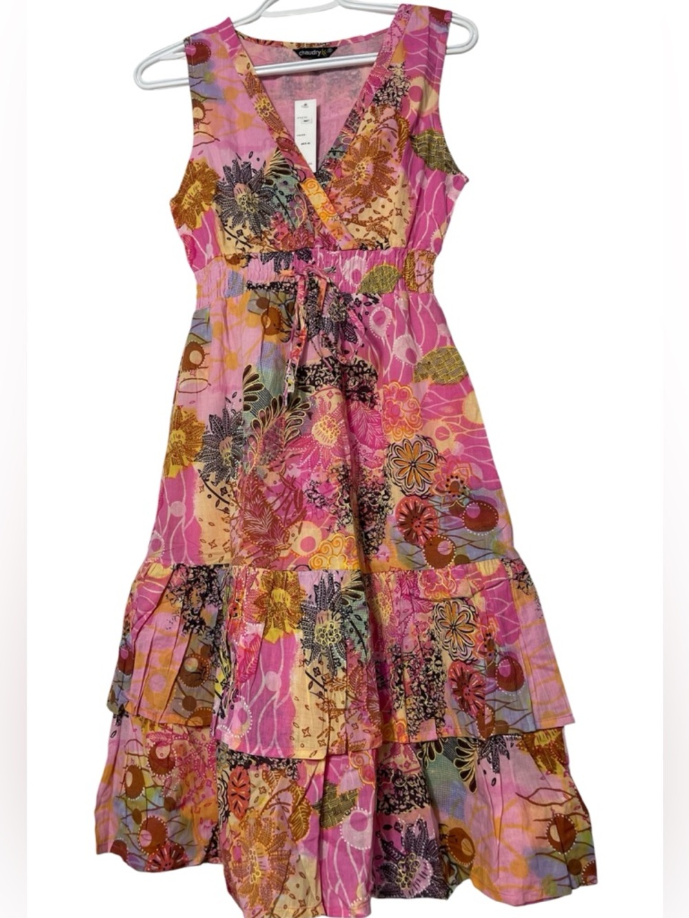 CHAUDRY KC Boho Floral Sleeveless Midi Dress 100% Cotton Pink V-Neck Size S NWT